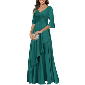 KIYNE Jurken voor dames, V-hals, moeder van de bruid met mouwen, geplooide ruches chiffon formele avondjurk, Turkoois, 32