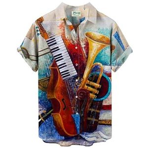 Mannen Casual Shirt Basgitaar Gedrukt Korte Mouw Shirts Mode Vintage Muziek Serie Instrument Patroon T-shirt Hawaiiaanse Strand Blouse Top, # 1, 5XL