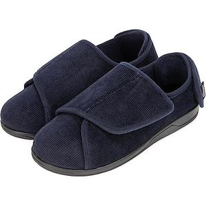 HomeTop Corduroy pantoffels voor heren, comfortabele verstelbare haak en lus, traagschuim, brede binnenhuisschoenen voor diabetische gezwollen voeten, Deep Ocean Blue, 48 EU