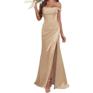 WSEYU Satijnen bruidsmeisjesjurk voor dames, met split, galajurken, plooien, cocktailjurk, grote maten, Champagne, 32