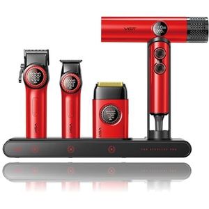 VGR Professional Barber Combo van Tondeuse, Trimmer, Foliescheerapparaat en Ionische Föhn, 4-in-1 Compleet Set met Krachtige Upgraded Motor, Oplaadstation, LED-display, Luxe Opbergkoffer, Rood