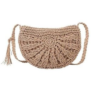 CaFfen Stro Tas Half Ronde Stro Tas Voor Vrouwen Zomer Strand Rotan Schoudertas Rits Geweven Half Maan Crossbody Handtassen Vakantie Stro Zakken Voor Vrouwen, Kaki, Eén maat