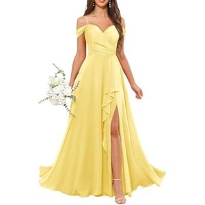 Chiffon bruidsmeisjesjurken voor dames, met split, lange baljurken, cocktailjurken, grote maten, Geel, 32