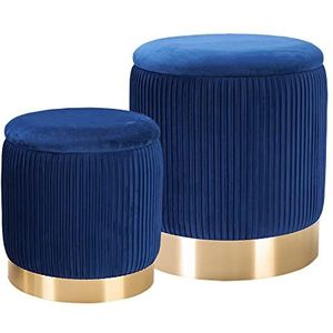 AllEquip Set van 2 krukken met opbergruimte, fluweel, zitkruk, rond, make-uptafel, kruk, opbergkruk voor woonkamer, slaapkamer, kinderkamer, badkamer, 2 maten, blauw