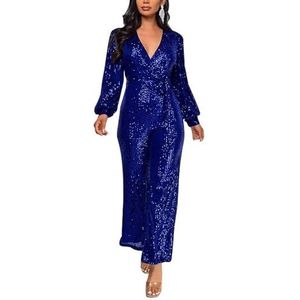 Vrouwen Elegante Formele Glitter Pailletten Jumpsuits Sexy Diepe V-hals Lange Mouw Taille Zelfbindende Wijde Pijpen Lange Broek Rompertjes (Color : Blue, Size : M)