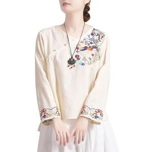 Chinese Stijl Prachtige Borduurwerk Top Plus Size Traditionele Hanfu Blouse Zomer Losse Vloeiende Lange Mouwen Shirts (Color : Off white, Size : XL)