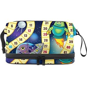 Grote capaciteit reizen cosmetische tas, make-up tas, waterdichte make-up tas organisator, grappig spel bord monster raket buitenaardse planeet, Meerkleurig, 27x15x14 cm/10.6x5.9x5.5 in