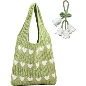 Gehaakte draagtassen for dames met gebreide hanger Leuke draagtassen Hartvormige strandhandtassen Breitassen Liefde Hobo-tassen (Color : Green, Size : Onesize)
