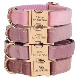 Roze gepersonaliseerde fluwelen halsbanden, aangepaste halsband voor kleine, middelgrote en grote honden, verstelbare halsband met gravure, bijpassend harnas, riem, bloem, poepzakhouder