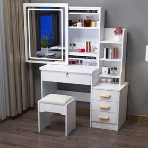 HRTLSS Make-up kaptafel met spiegel en verlichting, witte kaptafel, met led-licht Mirro, met opbergplanken laden, kleine schattige make-up-ijdelheid set, ijdelheid voor vrouwen met