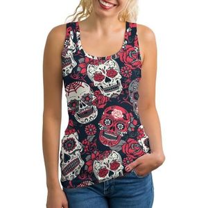 Rode schedel bloemen dames tank top mouwloos T-shirt pullover vest atletische basic shirts zomer bedrukt