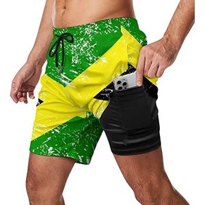 Jamaicaanse Retro Vlag Zwembroek voor heren, sneldrogend, 2-in-1 strandsportshorts met compressievoering en zak