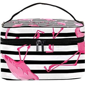 Tropische Flamingo Zwart Wit Strepen Patroon Make-uptas Cosmetica Opbergorganizer - Reizen Toilettas met Handvat,Make-upborstels Lipstick Houder