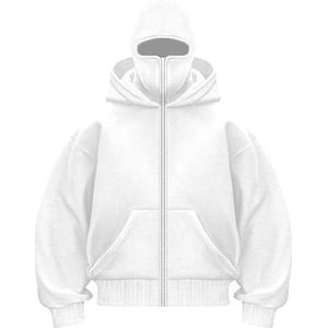 Balaclava Hoodie Zipper, Winter Balaclava Zip Hoodie for Men,Double Hooded Fleece Sweatshirt Fleece Zip Jacket (S,White)