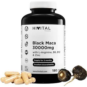 Peruvian Zwarte Maca 30000 mg. 180 veganistische capsules voor 2 maanden behandeling. Maca-extract uit de Andes met L-Arginine, Zink en Vitamine B6 en B12. Geproduceerd in Europa door HIVITAL
