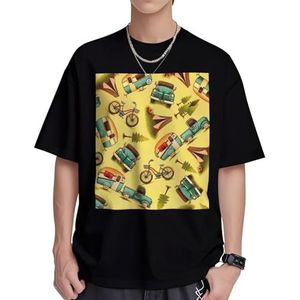 Auto en fiets print dames katoenen T-shirts casual korte mouw tuniek tops ronde hals zomer basic losse pasvorm T-shirt, Zwart, S