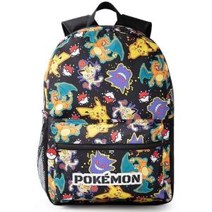 Pokémon Pikachu Charizard Gengar Meowth rugzak in zwart | Tas voor kinderen met all-over print | Verstelbare schouderbanden, voorvak en mesh-houder