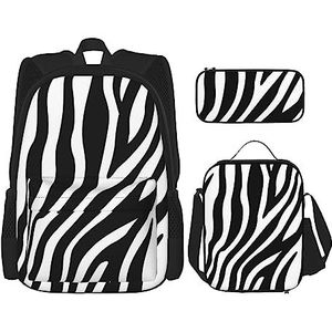 TOMPPY Zebra Print Rugzak met Lunch Bag Potlood Case, 3 in 1 Rugzak Set, Zwart, Eén maat, Schooltas Set
