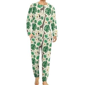 Giraffen toekans en palmbladeren comfortabele heren pyjama set ronde hals lange mouwen loungewear met zakken 4XL