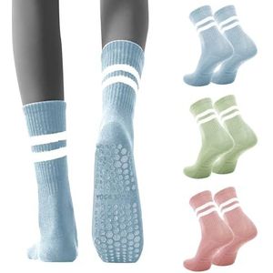 Risipu Antislip yogasokken voor dames, antislip, lange sokken voor yoga, barre, ballet, dans, blote voeten workout gym, A 3 paar - Blauw+Groen+Roze, One size