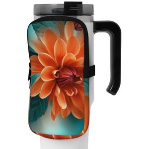 Teal en Oranje Bloem Print Water Fles Pouch Tumbler Pouch Bag Handheld Sport Drinken Fles Accessoires Tas Rits Pouch Riem Tas Voor Mannen Vrouwen, Zwart, S