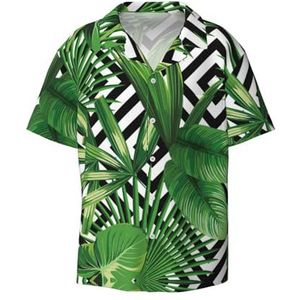 Groene bladeren van palmboom tropische plantenprint heren button down shirt korte mouw casual shirt voor mannen zomer business casual overhemd, Zwart, XXL