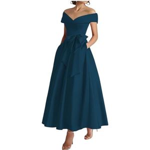 WSEYU Off Shoulder Moeder van De Bruid Bruidegom Jurken Satijn Boog Formele Avond Grootmoeder Jurken Thee Lengte ZM289, Pauw, 32