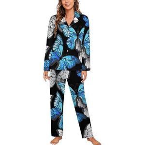 Blauwe Vlinders Vrouwen Lange Mouw Button Down Nachtkleding Zachte Nachtkleding Lounge Pyjama Set XL