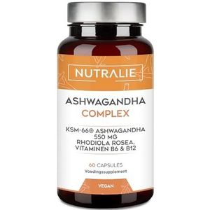 Ashwagandha KSM-66 - Rhodiola Rosea + Vit B6 en B12-5% Withanoliden - Ayurveda-Supplement - Withania Somnifera - 60 Capsules Veganistisch Nutralie