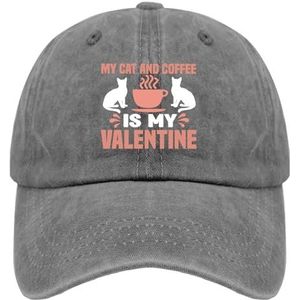 Honkbalpetten My Cat and Coffee is My Valentine Trucker Cap voor Vrouwen Vintage gewassen katoen verstelbaar voor klimgeschenken, Pigment Grijs, one size