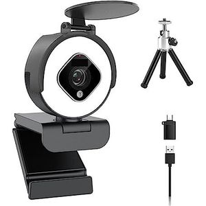 Streaming webcam, Webcam HD 1080P 60FPS USB-webcam met ringlicht Webcamera met microfoon Inbegrepen privacybescherming for conferenties, livestreaming, opname