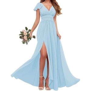 Chiffon bruidsmeisjes jurken met mouw - V-hals Empire taille plooi formele jurk, Hemelsblauw, 32