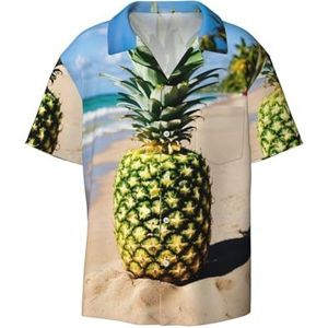 YJxoZH Ananas Op Strand Print Heren Jurk Shirts Casual Button Down Korte Mouw Zomer Strand Shirt Vakantie Shirts, Zwart, 4XL