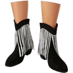 Dames Korte Laarzen Met Hak Retro Western Cowboy Enkellaarsjes Met Pailletten Franjes Suède Laarzen 2025 Dames Brede Buis Instapschoenen(43 EU)