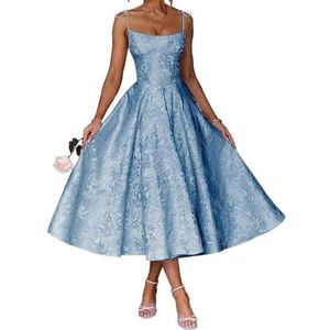 AHERKLL Spaghetti Bandjes Bruidsmeisjes Jurken Bloemen Satijn Jacquard Formele Avond Feest Maxi Jurk Thee Lengte HAH048, Blauw, 32