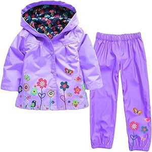 Baotung 2-delige kledingset voor meisjes, waterdichte regenpak, regenpak, regenjas met capuchon en bloemenpatroon + regenbroek, lila, 98