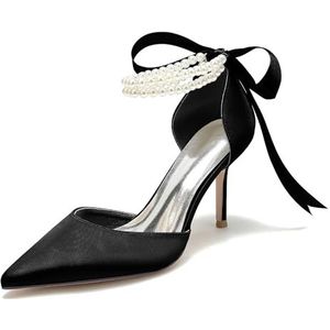 GHSIRUEU Witte Satijnen Hakken voor Vrouwen Hoge Hak met Parels Enkelbandje Trouwschoenen Lint Stropdas Pompen Sandalen,zwart,35 EU
