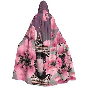 Paris Street Eiffeltoren roze bloemenprint heren mantel met capuchon, volwassen cosplay mantel kostuum, cape Halloween aankleden, capuchon uniform