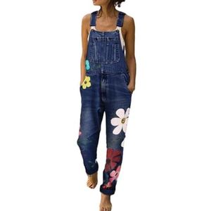 TERAZUNO Losse Tuinbroek Dames Mouwloze Overall Casual Jumpsuit Met Bandjes Zakken Retro Zomerjumpsuit Print Playsuit Rompertjes Jeans Tuinbroek Elegante Lange Bretelbroek(Dark blue,XXL)