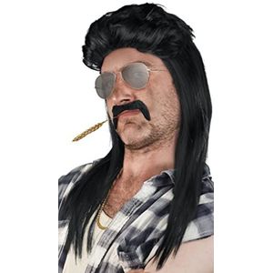 Bangbobi 80s/90s mullet pruik voor mannen met zonnebril, gouden ketting en baard - Carnaval Halloween feest verkleedaccessoires set