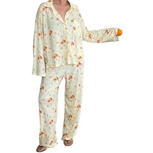 CheJooe Dames 2-delige pyjama met bloemenprint en lange mouwen, revers, button-down shirt, rechte wijde pijpen, broek, outfits, Y2k loungewear bijpassende sets, Geel, S