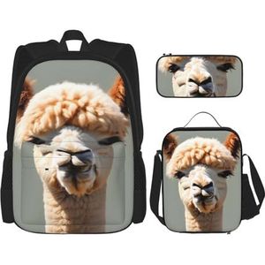 Alpaca Avatar Rugzak, rugzak voor meisjes, jongens, rugzak met lunchtas en etui, 3-delige set voor wandelen, school, uitstapjes, Zwart, Eén maat