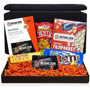 Filmpakket - filmbox cadeau met Tony's Chocolonely, Jimmy's Popcorn en Fiesto's en M&Ms, film cadeaukaart voor 1-2 topfilms met evt. een persoonlijk bericht - Thuis bioscoop pakket - meJane.com