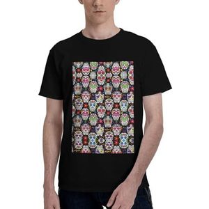 CKGODGF Kleurrijke bloemenschedels print heren katoenen T-shirt, casual en comfortabel korte mouw, geschikt voor fitness en dagelijks gebruik, Zwart, S