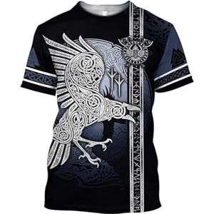 Heren Outdoor Street Raven Sport T-Shirt, Middeleeuws Walhalla Viking Tomahawk 3D Totem Print Pullover Zip Jacket, Nordic Autumn Losse Plus Size Hoodie(T-shirt,XXL)