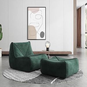 Zitzakfauteuil met poef, teddystof pluizige en luie bank gevuld met traagschuim, moderne, gezellige zitzakstoel met armleuningen for slaapzaal, appartement, woonkamer(Green,B)