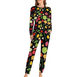 Groenten Fris Patroon Zachte Dames Pyjama Lange Mouw Warm Fit Pyjama Loungewear Sets met Zakken 5XL
