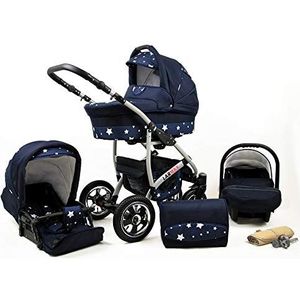 Kinderwagen 3 in 1 complete set met autostoeltje Isofix babybad babydrager Buggy Larmax van ChillyKids Navy Blue Star 3in1 (inclusief autostoeltje)