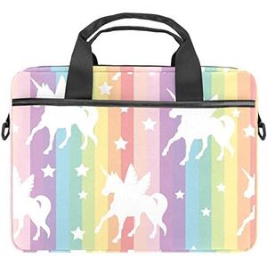 Witte Eenhoorn Patroon Kleurrijke Regenboog Gestreepte Laptop Schouder Messenger Bag Crossbody Aktetas Messenger Sleeve voor 13 13.3 14.5 Inch Laptop Tablet Beschermen Tote Bag Case, Witte Eenhoorn Patroon Kleurrijke Regenboog Gestre, 11x14.5x1.2in /28x36.8x3 cm