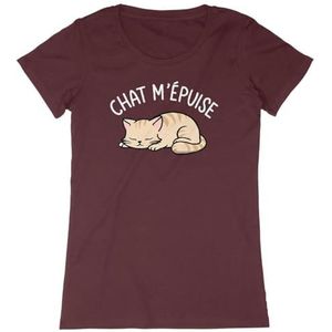 Cat m'épuise T-shirt voor dames, bedrukt in Frankrijk, 100% biologisch katoen, cadeau voor verjaardagsdieren, origineel grappig, Bordeaux, S